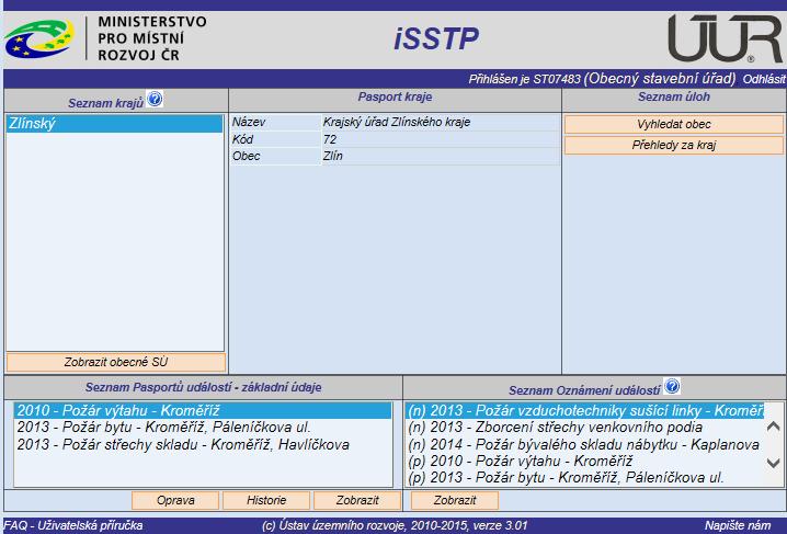 Hlavní stránka webové aplikace isstp je rozdělena do několika částí: Seznam krajů, Pasport kraje, Seznam úloh, Seznam Pasportů událostí základní údaje, Seznam Oznámení událostí.