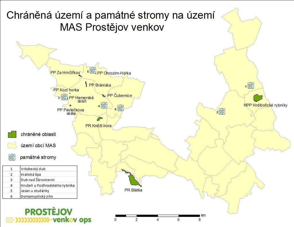 Obr. č. 27 Chráněná území a památné stromy na území MAS Prostějov venkov (Zdroj: vlastní mapa) NPP Hrdibořické rybníky (EVL) Rozloha ZCHÚ Hrdibořické rybníky je v současné době 37,088 ha.