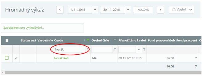 Použití filtru V případě, že seznam obsahuje více osob a potřebujete rychle vyhledat osobu (např. podle jména, osobního čísla), využijte dostupný filtr pro daný sloupec.