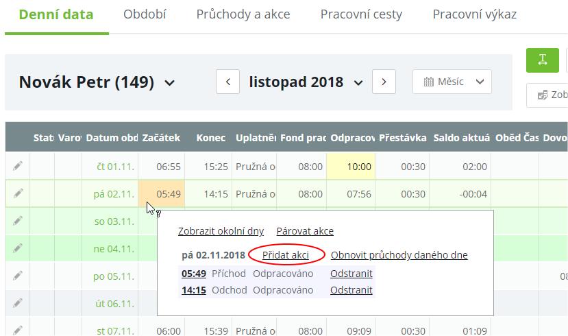 Kliknutím na symbol tužky u daného dne se zobrazí jeho detail, který poskytuje informace o zaregistrovaných průchodech (akcích), pracovním výkaze a spočítané (denní) hodnoty.
