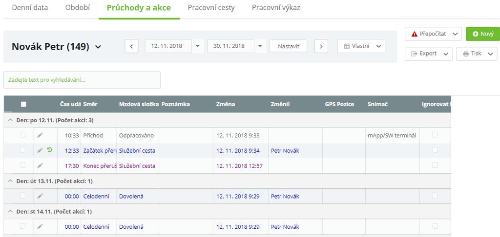 Průchody a akce Záložka Průchody a akce představuje detailní pohled na veškeré realizované průchody a akce v daném období.