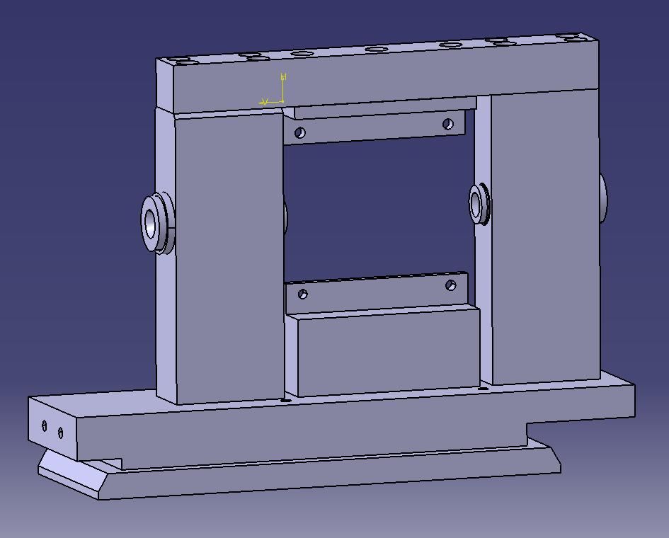 Obr. 3.7: Model přípravku. Jednotlivé součásti přípravku byly nakresleny a modelovány v programu CATIA V5. Pro účely diplomové práce byl sestaven i 3D model sestavy, který je vidět na obrázku 3.7. Výrobu většiny částí zajistila firma zabývající se zakázkovou strojírenskou výrobou, se kterou již společnost Valenta ZT spolupracuje delší dobu.