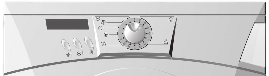 Činnost sušičky prádla A - knoflík pro výběr programu B - tlačítko MENU C - tlačítko VÝBĚR D - tlačítko START/PŘERUŠENÍ E - displej Knoflík
