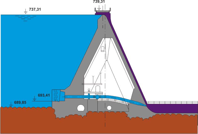 na hloubku 20 m. Základová spára pilířů je v ţulovém podloţí. V pravé části má hráz tvar oblouku o poloměru 200 m, v koruně měří na délku 459 m a je vysoká 55,5 m nad základem.