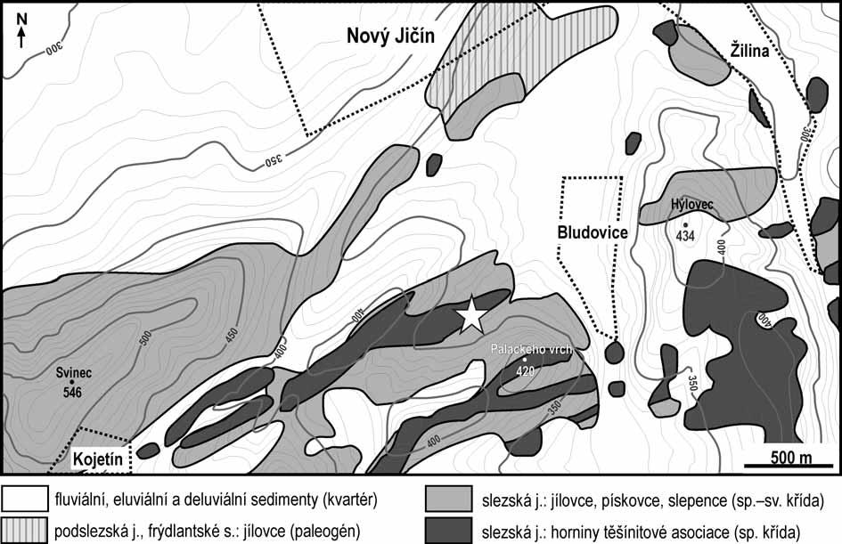 Obr. 1: Schematická geologická mapa okolí Bludovic. Pozice studované ložní žíly těšínitu je označena hvězdičkou. Upraveno podle Rotha (1989) a Pálenského (1996). Fig.