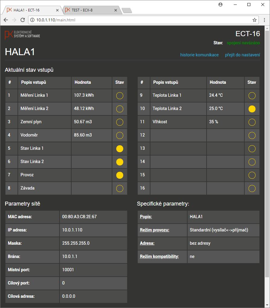 Webová stránka vysílače ECT-16-ET v režimu prohlížení Dle příkladu na obrázku na vstupech 1 až 4 vysílače ECT-16-ET jsou připojeny elektroměry, plynoměr a vodoměr, vstupy 5 až 7 signalizují provozní