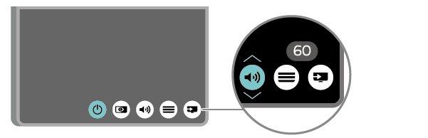 1 - Když je televizor zapnutý, stiskněte joystick na zadní straně televizoru. Zobrazí se základní nabídka. 2 - Stisknutím tlačítek vlevo nebo vpravo vyberete možnosti Hlasitost, Kanál nebo Zdroje.
