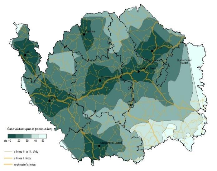 Nejdostupnější je správní sídlo v ORP Aš a Cheb. Dojezdová vzdálenost mezi hlavními sídly kraje hraje významnou roli při posilování vzájemných funkčních vazeb. Obrázek 18.