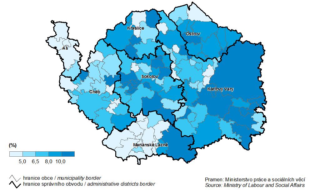 Příloha 2: Podíl nezaměstnaných osob podle obcí v Karlovarském kraji k 31. 12.
