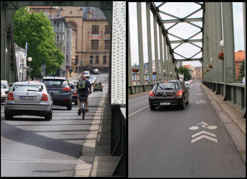V20), vyznačuje prostor a směr jízdy cyklistů a řidiče motorových vozidel upozorňuje, že se nachází na pozemní komunikaci se zvýšeným provozem cyklistů.