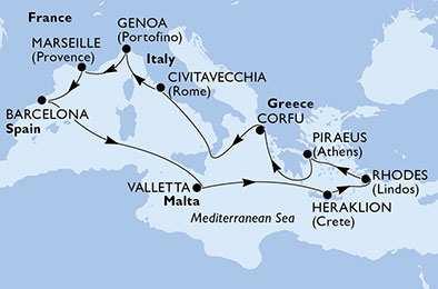 VÝCHODNÍ A ZÁPADNÍ STŘEDOMOŘÍ 978 JANOV-MARSEILLE-BARCELONA-VALLETTA-HERAKLION-RHODOS-PIRAEUS-CORFU-ŘÍM U této plavby děti do 17 let jen za cenu dopravy AKČNÍ CENA 23.