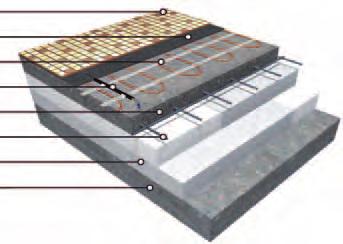 v koupelně) 1 - Nášlapná vrstva (keramická dlažba) 2 - Flexibilní lepící tmel 3 - Topná rohož (kabel) ECOFLOOR 4 - Podlahová (limitační) sonda v ochranné trubici (tzv.