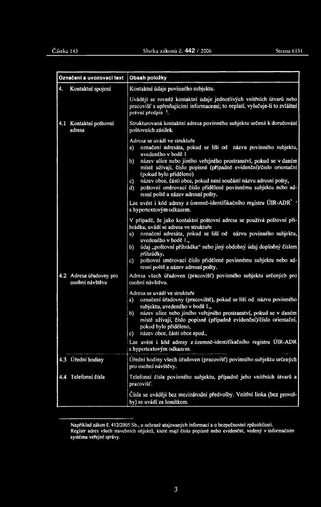 1 Kontaktní poštovní adresa Strukturovaná kontaktní adresa povinného subjektu určená k doručování poštovních zásilek.