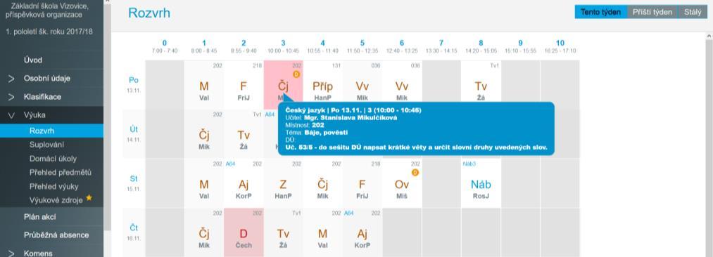 Výuka Rozvrh Zobrazí se rozvrh na aktuální týden se všemi v tu dobu známými změnami.