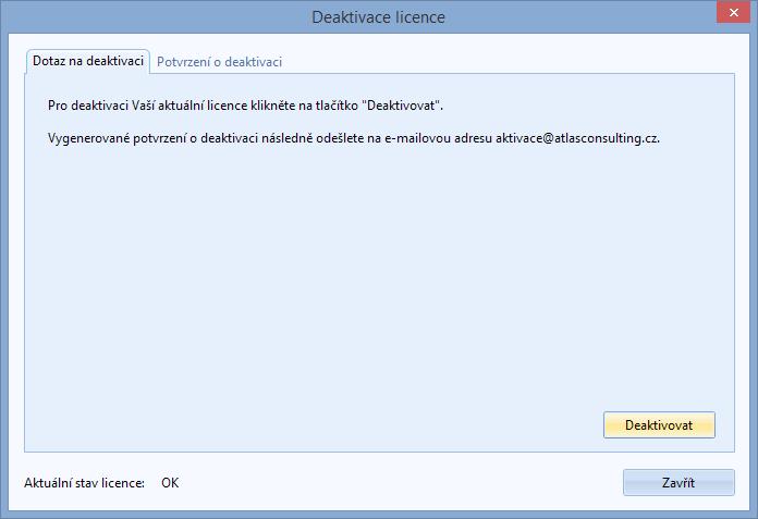 3.4 Offline deaktivace licence Postup pro deaktivaci licence offline je velmi podobný aktivačnímu procesu s tím rozdílem, že uživatel již neobdrží potvrzovací deaktivační kód, ale pouze odešle