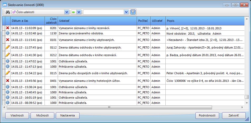 Sledovanie činností Sledovanie činností je programový modul integrovaný v Hotelovej recepcii, ktorý automaticky zaznamenáva činnosti a udalosti používateľov pri práci s programom. Môže to byť napr.