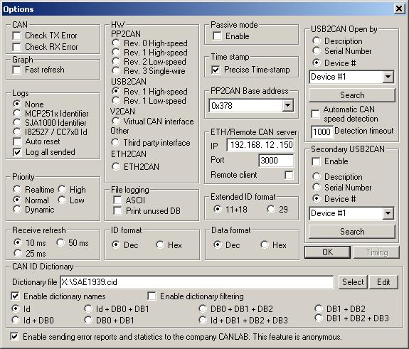 Obr. 2: Okno Options. CAN Check TX Error Při povolení této volby je vyčítán registr TEC (Transit Error Counter).