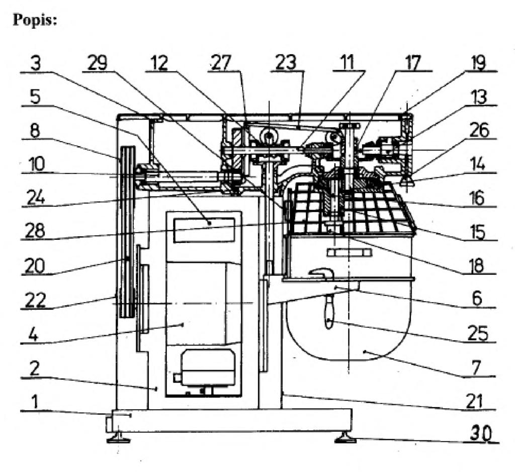 panel 5, na přední straně je posuvně uložen nosič kotlíku 6 s kotlíkem 7. Vně převodovky je na hřídeli 10 pevně uložena řemenice 8.