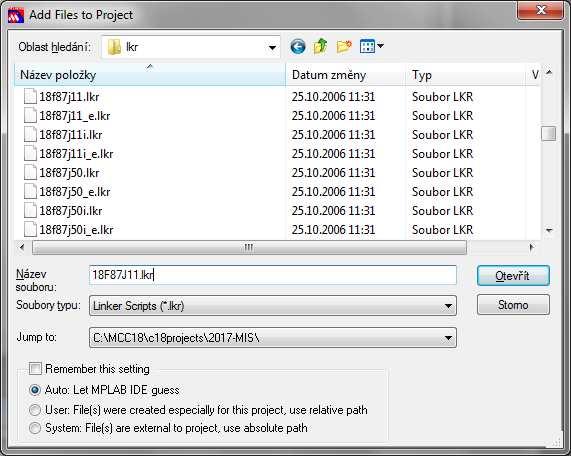 Oživení IDE MPLAB volba Linker skriptu Okno Files Linker