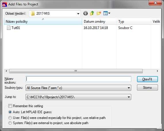 Oživení IDE MPLAB připojení zdrojového souboru do projektu Okno Files