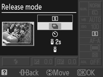 Release Mode (Snímací režim) Snímací režim určuje způsob, jakým fotoaparát pořizuje snímky: jednotlivě, v sériovém snímání, s časovanou délkou běhu samospouště nebo s dálkovým ovládáním.