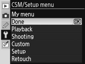 Základní nastavení fotoaparátu: Menu SET UP Menu SET UP obsahuje následující položky (v případě použití volby My menu v položce CSM/Setup menu se mohou aktuálně zobrazené položky lišit.