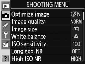 Volitelná nastavení pro snímání: Menu Shooting menu Menu snímacího režimu obsahuje následující položky (v případě použití volby My menu v položce CSM/Setup v menu SET UP se mohou aktuálně zobrazené