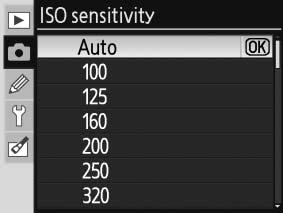 Menu ISO sensitivity (všechny režimy) Upravuje nastavení citlivosti ISO. Viz Referenční informace: Citlivost ISO ( 43). Menu Long exp.