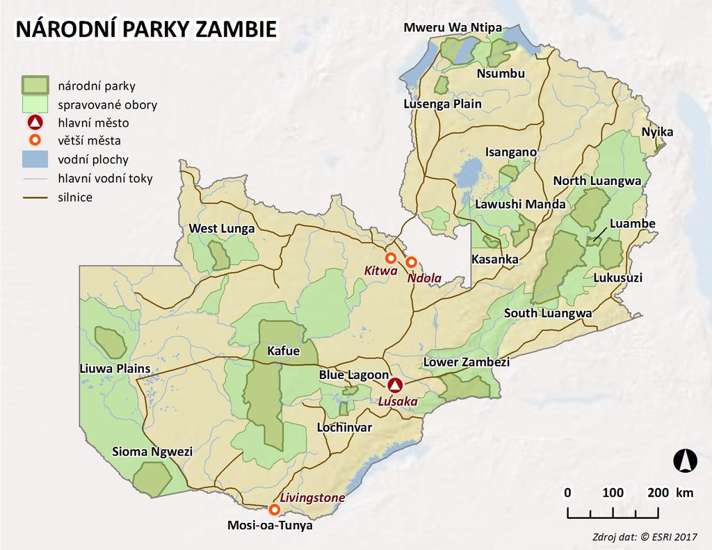 45 Člunozobec africký v mokřadu Bangweulu. Foto František Pelc Zambie orientační vymezení národních parků pokrývajících v souhrnu 8 % plochy státu.