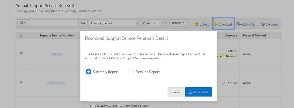 Stažení podrobností o obnovení služeb podpory Stažení souhrnné a podrobné zprávy: Přístup k souhrnné a podrobné zprávě lze získat z odkazu Download (Stáhnout), který je umístěn na pravé straně