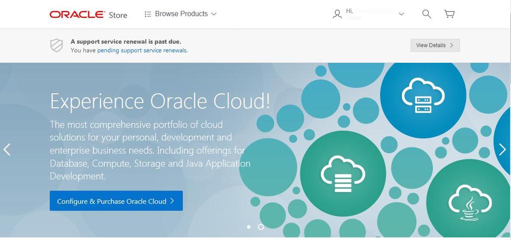 Po dokončení profilu v obchodu Oracle Store budete přesměrováni na domovskou stránku obchodu Oracle Store. Nyní byste měli mít přístup k obnovení služeb podpory společnosti Oracle.