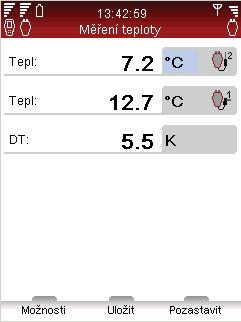 Rychlé měření Rychlé měření Měření tlakové diference ( p) Měření teploty 1 Připojte měřicí zařízení podle návodu na straně 18. 2 Pomocí šipek v hlavním menu vyberte Rychlé měření a stiskněte Enter.