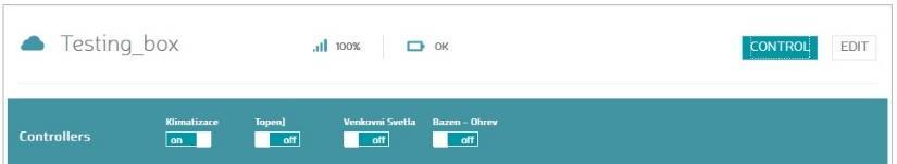 24. OVLÁDACÍ ROZHRANÍ V záhlaví je zobrazen zadaný název zařízení, síla signálu GSM operátora v místě instalace zařízení resp. jeho antény a stav záložního akumulátoru.