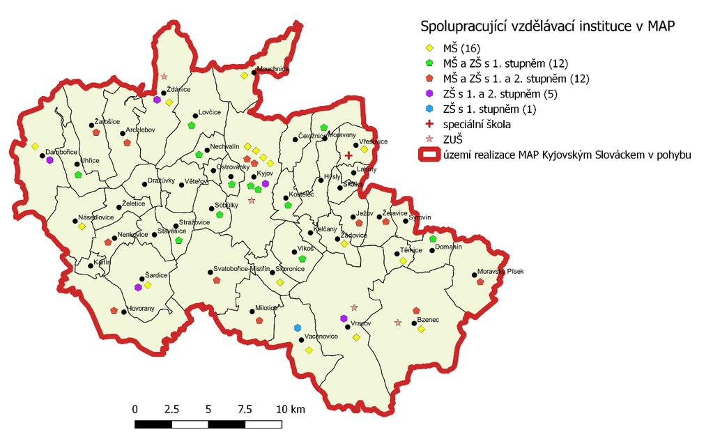 Z území realizace projektu MAP ORP Kyjov vzdělávání v pohybu se do spolupráce zapojilo: 32 zřizovatelů školských zařízení (obce) 51 poskytovatelů předškolního a základního vzdělávání, z toho o 16