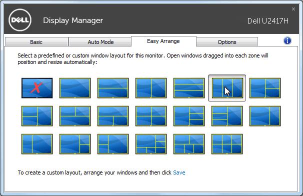 Uspořádání oken s funkcí Easy Arrange Některé modely Dell nabízejí funkci Easy Arrange, která umožňuje uspořádání pracovní plochy vybraného monitoru do řady předdefinovaných nebo vlastních rozvržení.