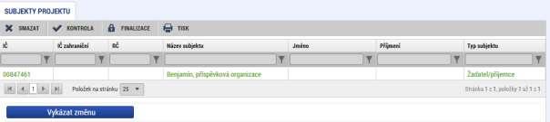 Příjemce vstoupí na obrazovku Subjekty projektu, vybere subjekt, kterých chce upravovat, a stiskne tlačítko Vykázat změnu: Přechází na