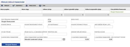 Rozpad financí se doplní prázdná pole.