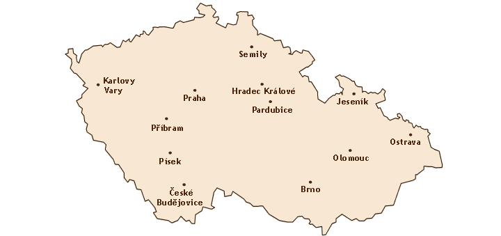Mapa ČR, kde nalezneme Waldorfské školy Brno, České Budějovice, Hradec Králové, Jeseník, Karlovy Vary, Olomouc, Ostrava,