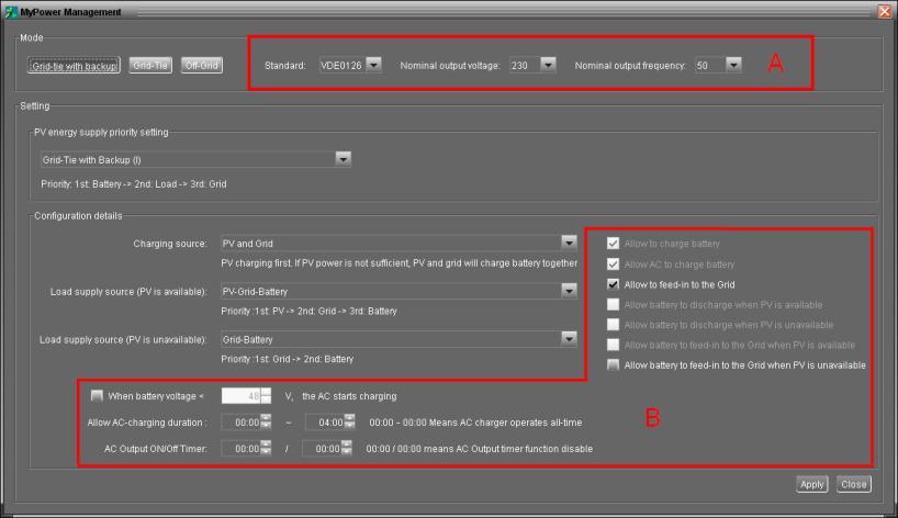 Krok 2: Přihlašte se pomocí výchozího hesla administrator. Krok 3: Vyberte Device Control>>MyPower Management pro nastavení provozního režimu měniče a pro přizpůsobení uživatelského rozhraní. Viz.