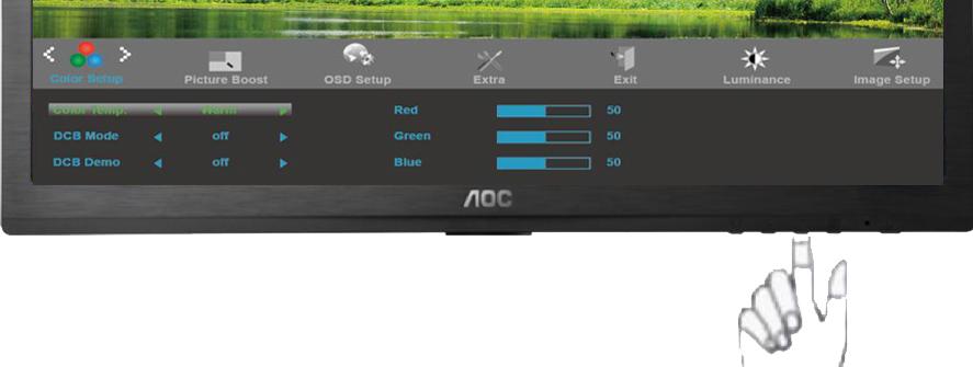 4. Stisknutím < nebo > upravte. 5. Stisknutím ukončete. Color setup. DCB Mode Teplá Normální Studená srgb Uživatel Plné vylepšení Pøirozená pokožka Zelené pole èervené zelené modré zap. nebo vyp.
