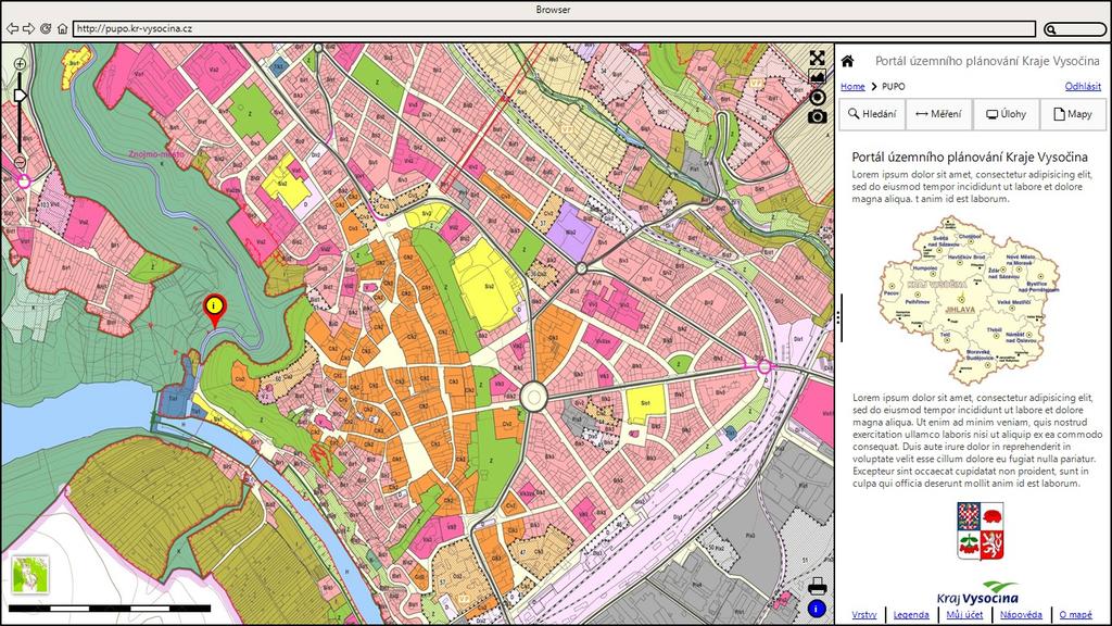 Mapový atlas Prostředí pro výkresy k ÚPP a ÚPD (mapové okno), mapy s tématickým obsahem aktivní vrstvy dovolující vyhledávat data, informace, objekty v mapě i v atributech a provázaných datech a