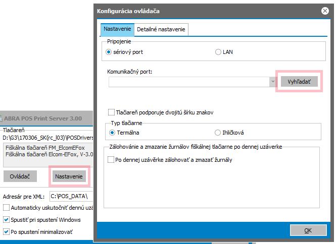 tlačítko Nastavení dát vyhledat fiskální tiskárnu po chvíli se vyplní komunikační port