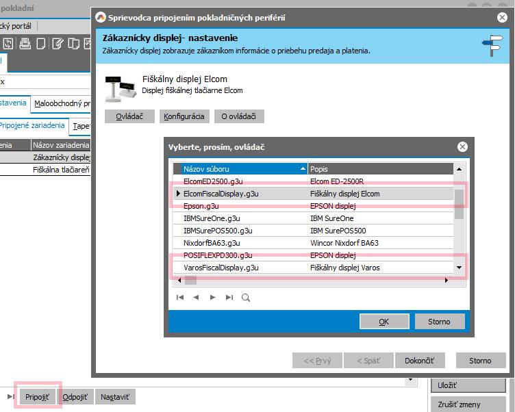 3.2.2 NASTAVENÍ ZÁKAZNICKÉHO DISPLEJE V nastavení kasy pokladního prodeje je potřeba v připojených zařízení připojit ovladač zákaznického displeje: ElcomFiscalDisplay.
