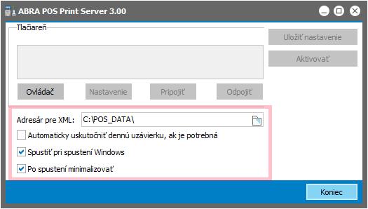 1) Nastavení automatického vykonání denní uzávěrky pokud se povolí, bude denní uzávěrka fiskální tiskárny vykonána automaticky Nastavení spuštění ABRA POS Print Serveru po spuštění počítače Nastavení