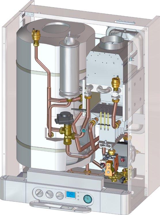 ventil - Tlakoměr 9 - Ovládací panel - Trojcestný ventil - Teplotní sonda topení - Výměník (spaliny - voda) - Havarijní termostat -