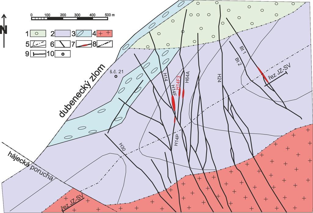 232 Bull. mineral.-petrolog. Odd. Nár. Muz. (Praha) 20, 2, 2012. ISSN 1211-0329 (print); 1804-6495 (online) Obr. 1 Schematická geologická mapa hájeckého žilného uzlu v úrovni cca 150 m.n.m. (okolí 8.