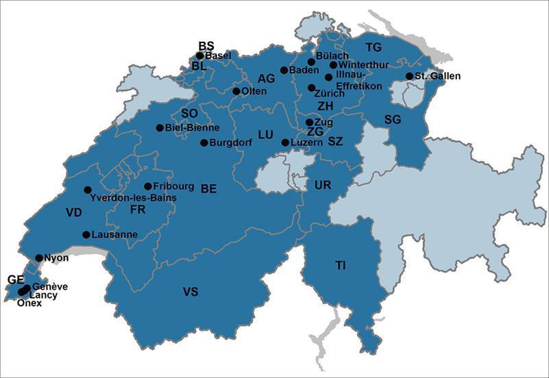 Obr. 3 Švýcarské obce a kantony zapojené do systému CERCLE Zdroj: Federal Office for Spatial Developmnet Indikátory CERCLE pokrývají zhruba 30 témat relevantních z hlediska udržitelnosti obcí a