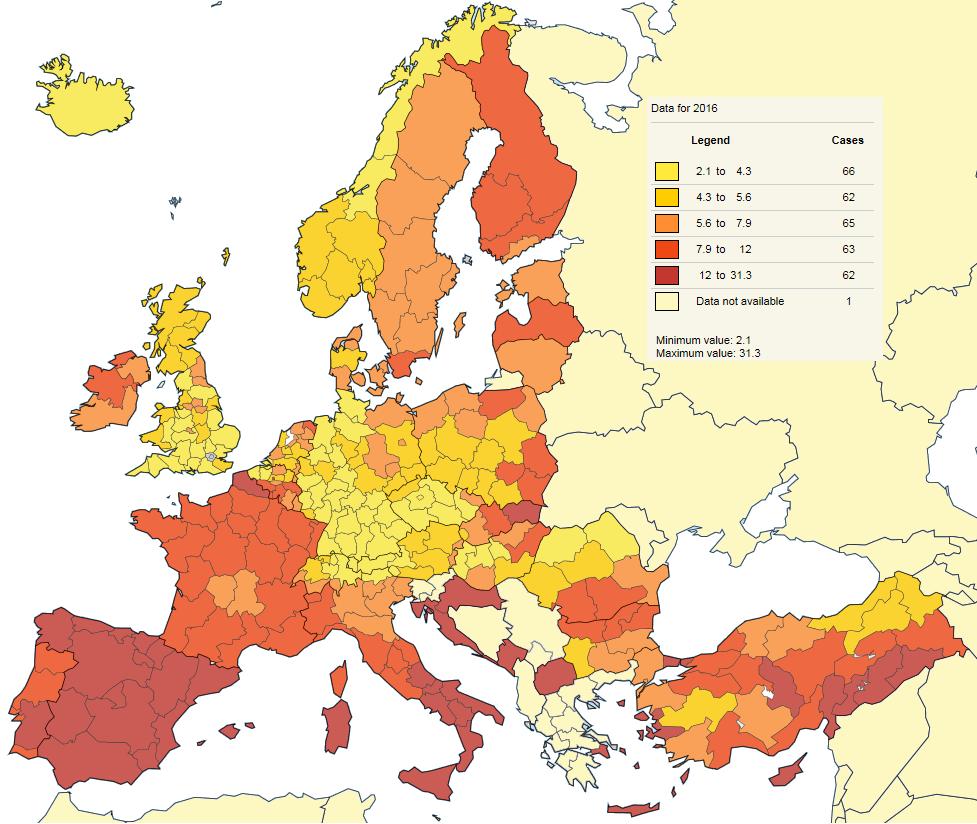 Regionální rozdíly v míře nezaměstnanosti jsou vidět na následujícím obrázku (nejčerstvější dostupné údaje v regionálním členění jsou na Eurostatu k dispozici za rok 2016).