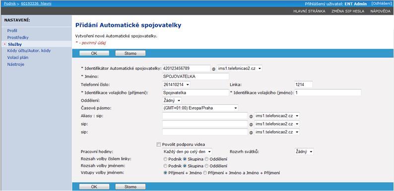 1) Automatická spojovatelka - IVR Aktivace Automatické spojovatelky Menu Profil > Skupiny (Hledat) > Služby