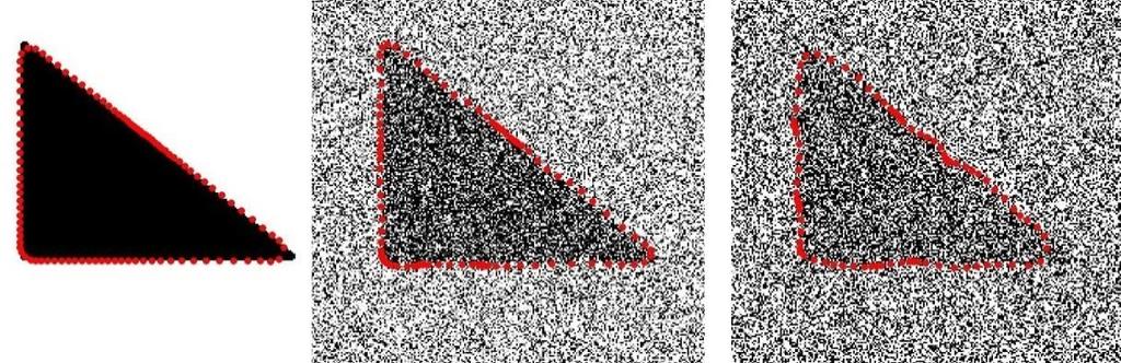 Obr. 6.13: Segment trojúhelníku pro různé hodnoty šumu Na obr. 6.13 je vysegmentovaný trojúhelník. Pro segmentaci je použita hranová energie a energie koncových bodů a rohů.